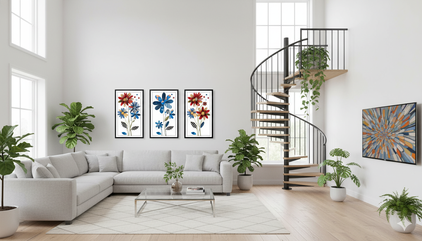 Mixed frame gallery wall with balanced spacing and unified matting